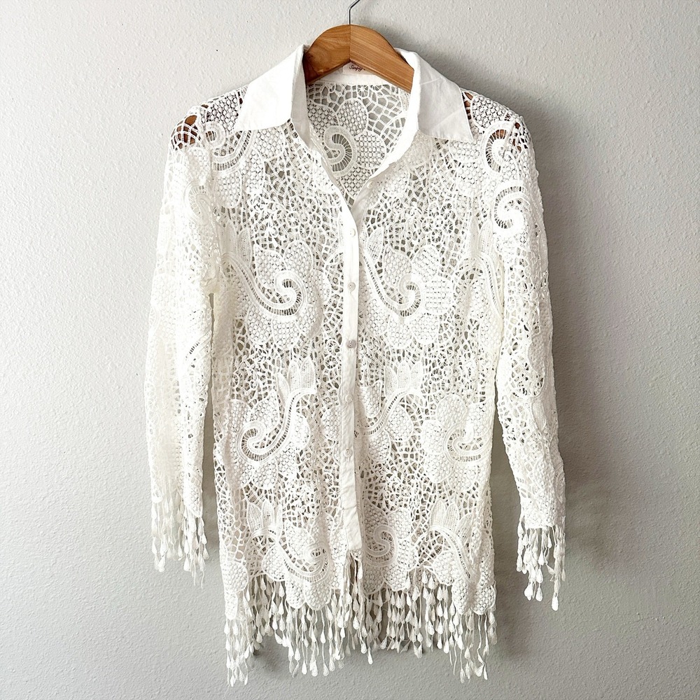 Simply Couture White Crochet Button-Down Fringe Blouse